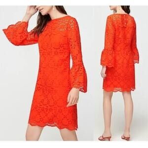 J Crew Women's Burnt Orange Red Embroidered Eyelet Bell Sleeve Shift Dress Guest
